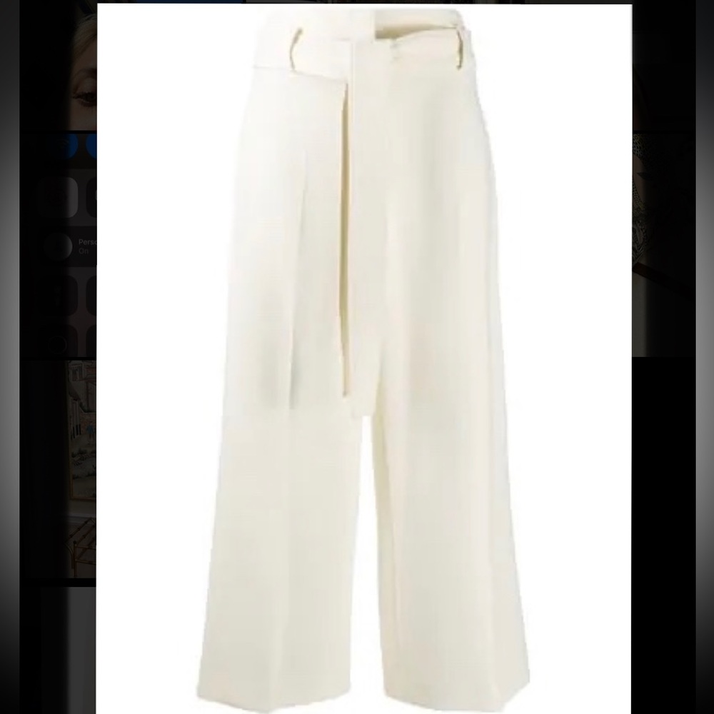 NWT Theory Cropped Belted Crepe Wide-leg Pants (Ivory)